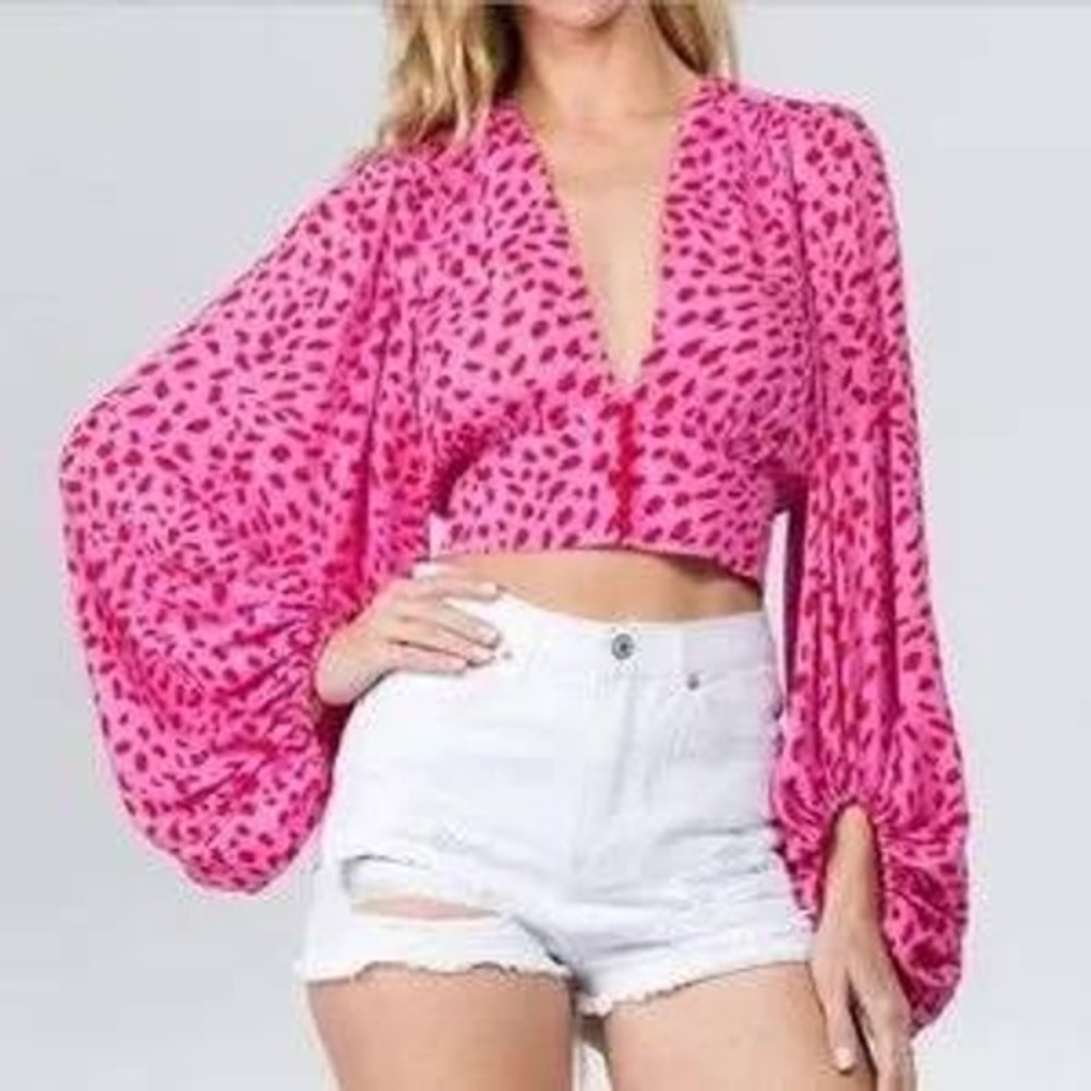 SIGNATURE 8 Gillian Pink & Red Polka Dot Crop Plunge Top Size‎ Medium NWOT